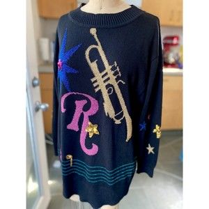 VTG Mondi Trumpet R Stars Music Metallic Sequin Oversized Sweater Size 38 1980s